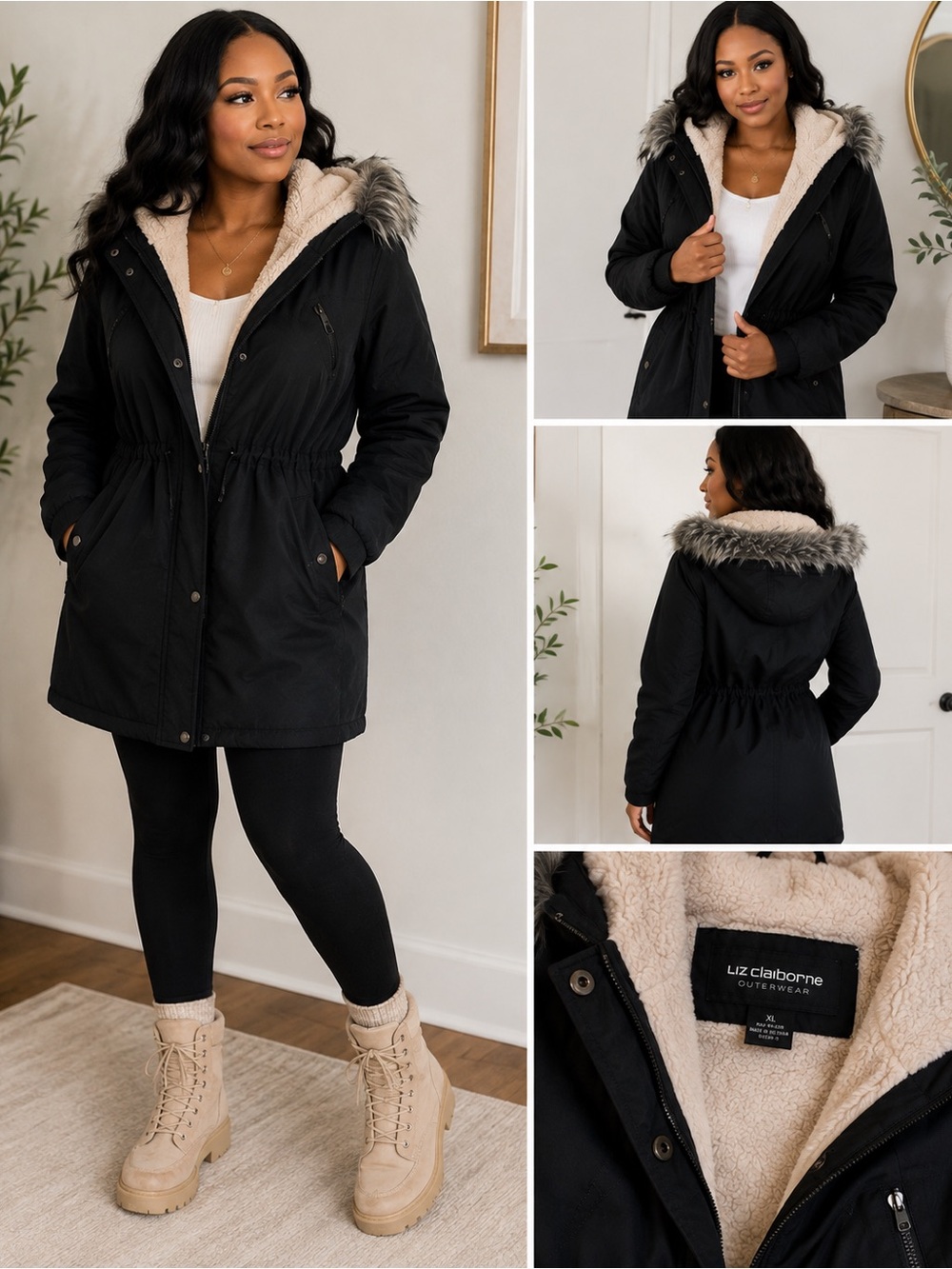 Liz Claiborne Black Sherpa Lined Faux Fur Hood Parka – Size XL